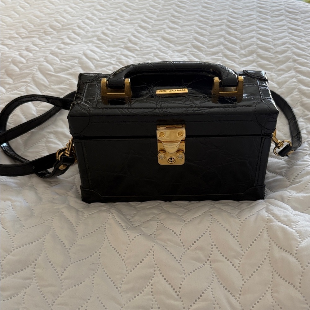 St. John Black Mini Box Bag with Gold Accents Removable Strap